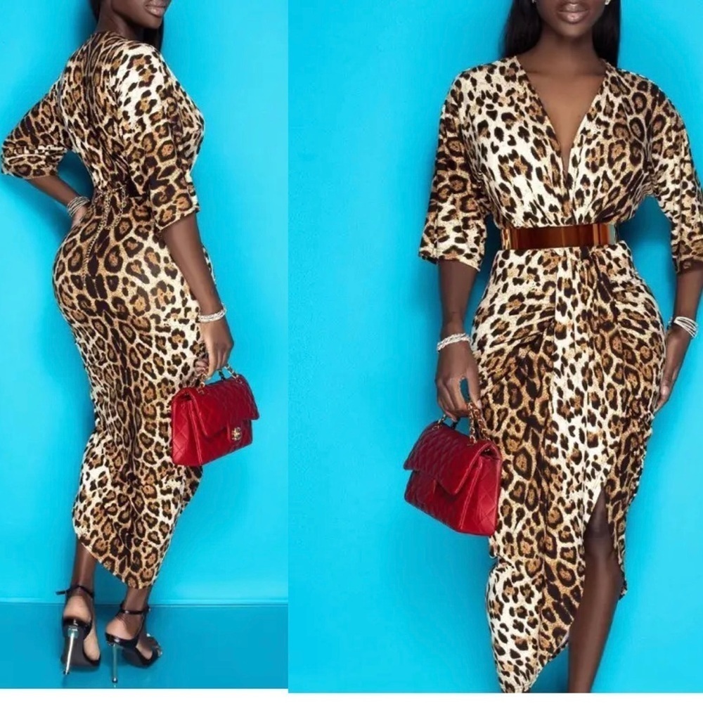 V Neck brown tan Leopard animal Print Asymmetrical maxi wrap Dress Sz M
